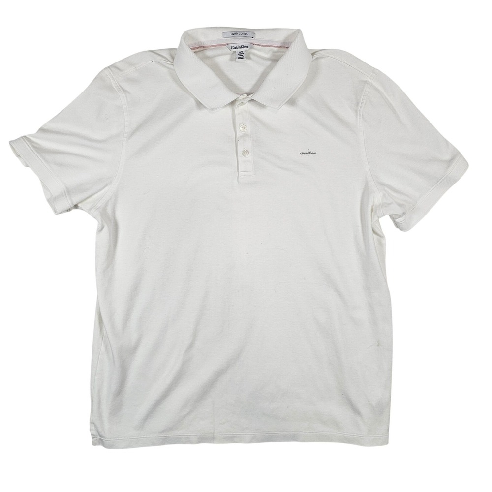 Calvin Klein Mens Liquid Cotton Polo Shirt White Short Sleeve Large‎ L Logo